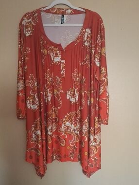 Women's Rust Floral Tunic Top -with side Pockets Boho Lightweight Flowy Stretch